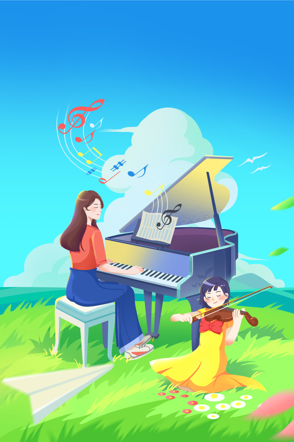 蓝色扁平教育培训钢琴音乐培训插画海报