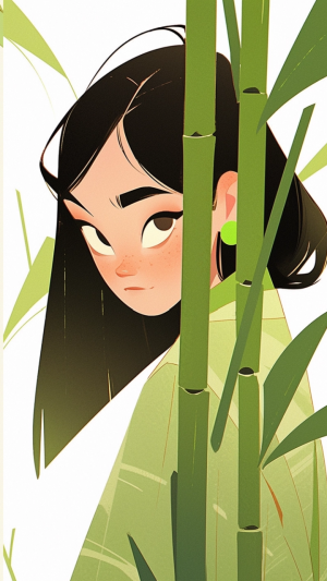 绿色竹子创意现代女性插画壁纸
