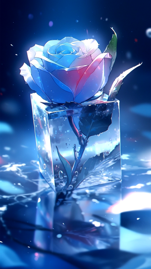蓝色冰块玫瑰情绪风手机壁纸 