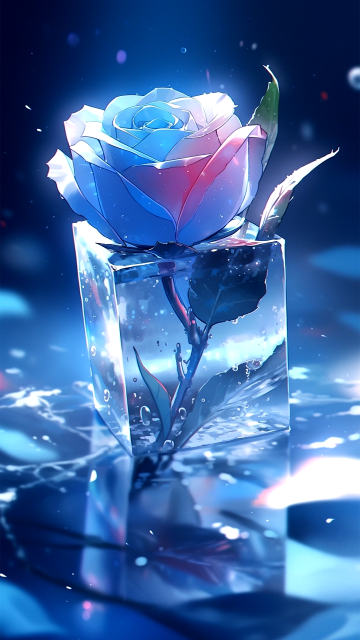 蓝色冰块玫瑰情绪风手机壁纸 