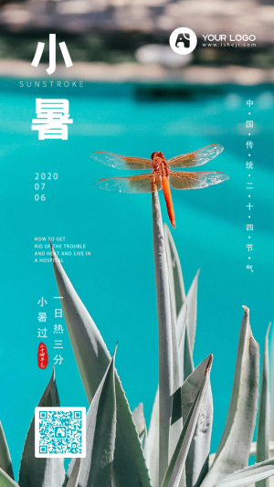 蓝色文艺清新小暑蜻蜓手机海报