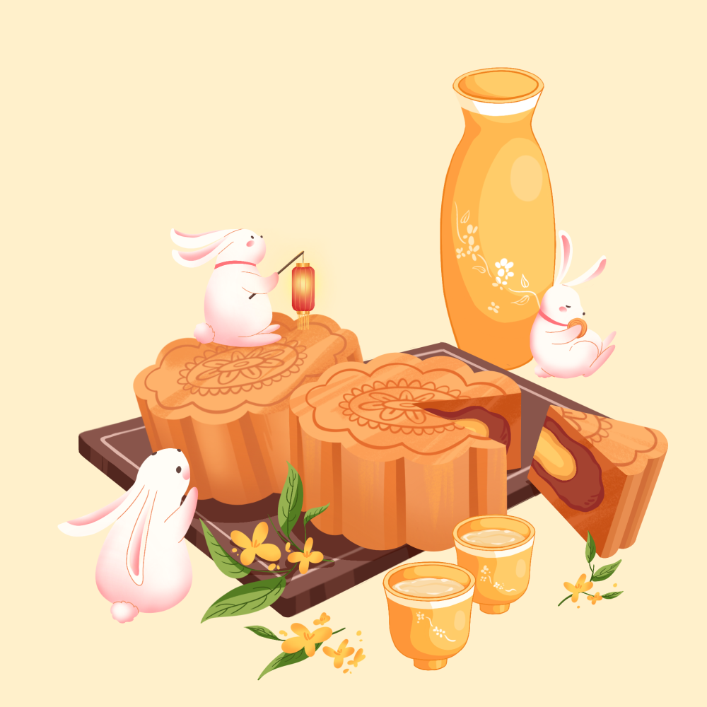 八月十五中秋节三只兔子月饼桂花酒插画元素